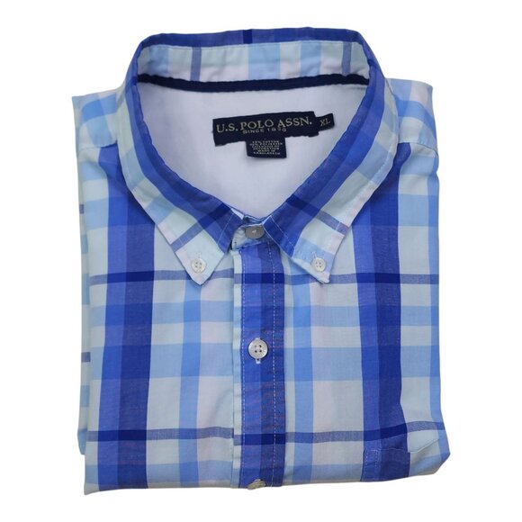 U.S. Polo Assn. Mens Blue Plaid Short Sleeve Button-Up Shirt XL Cotton Polyester - Picture 2 of 8